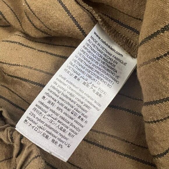 Calvin Klein Linen Brown Pinstriped Elastic Waist Tie Wide Leg Cropped Pants 6 - Picture 9 of 12